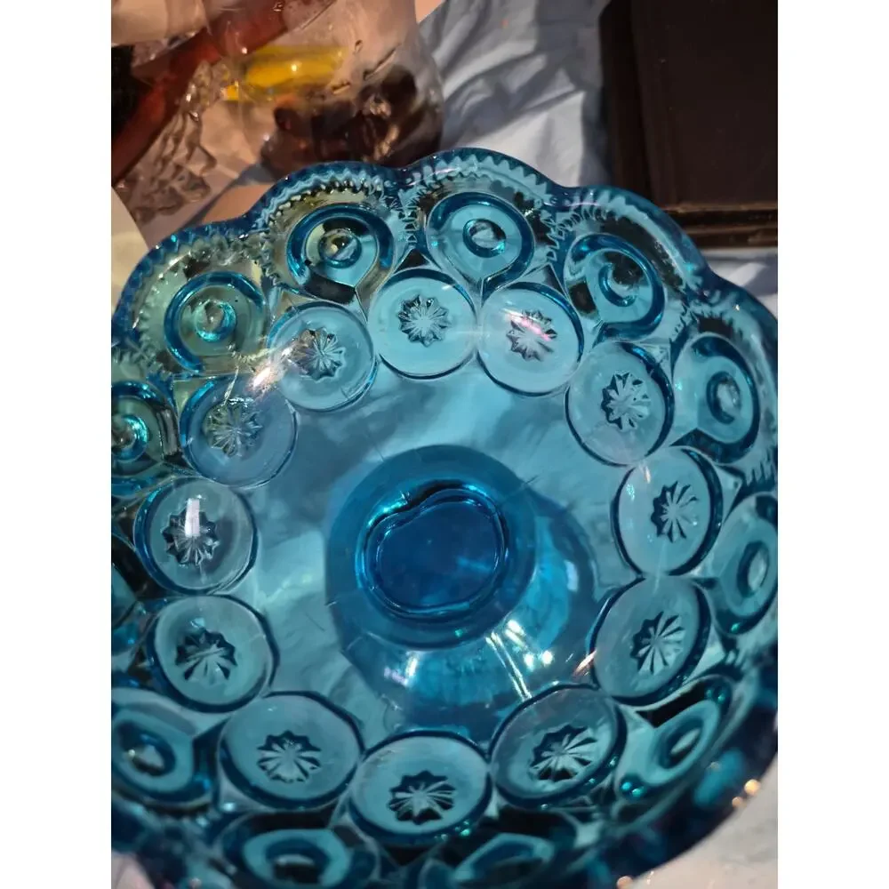 Vintage LE Smith Blue Moon and Stars Glass Pedestal Compote Candy Dish 4 in